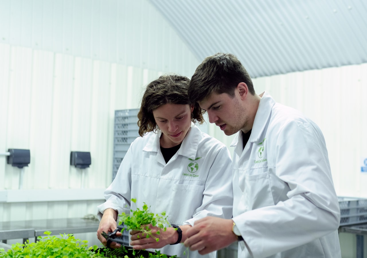 Researchers examining green plant specimens in a lab — herbal science